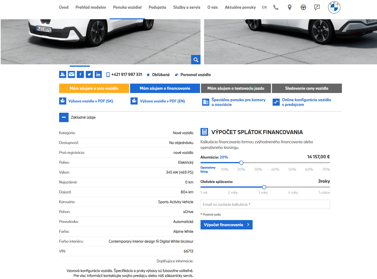 Detail vozidla s technickými údajmi a možnosťami financovania vo webovom riešení autorizovaného predajcu BMW