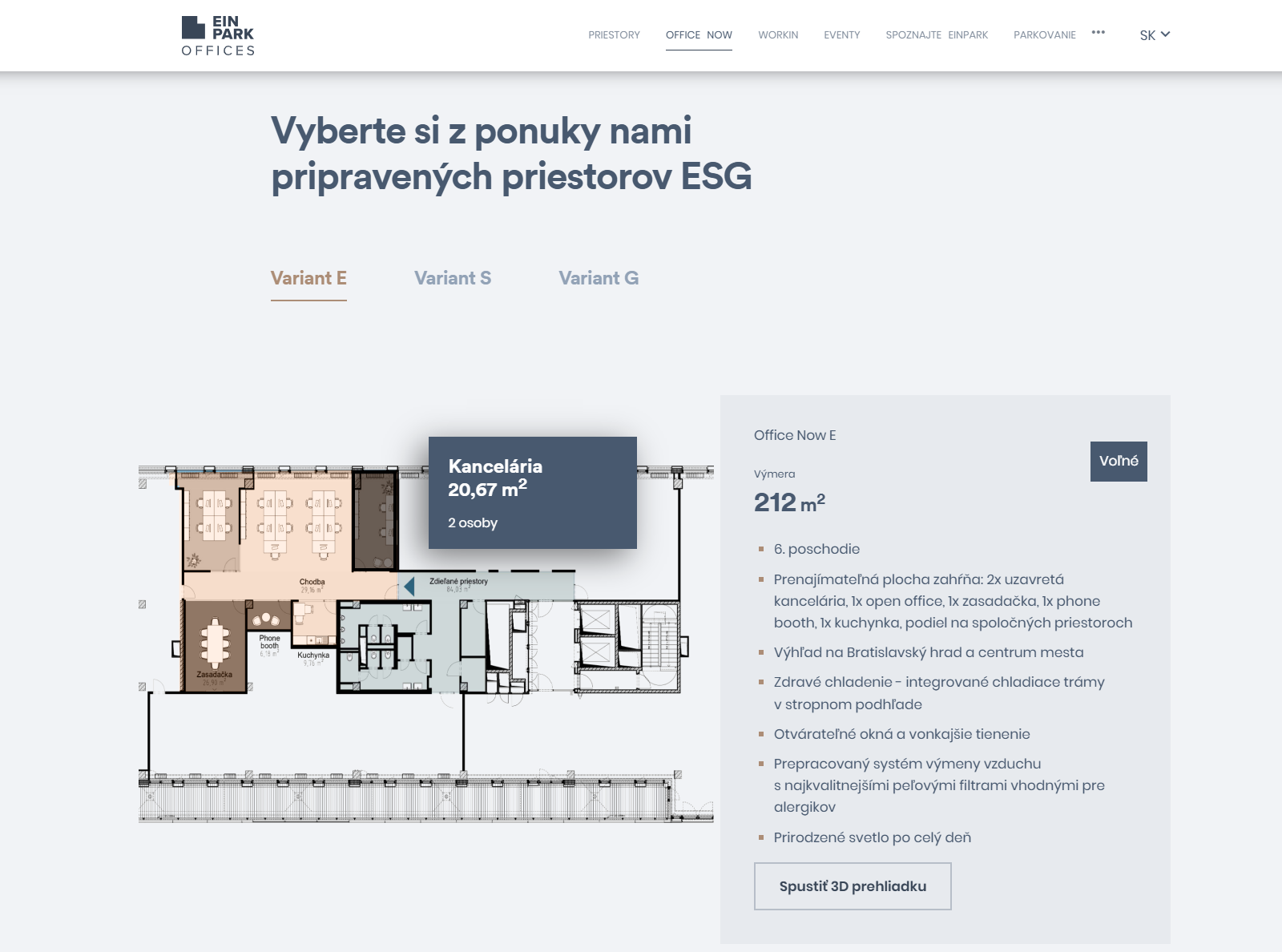Web Einpark Offices s výberom kancelárskych priestorov, pôdorysom a parametrami kancelárie